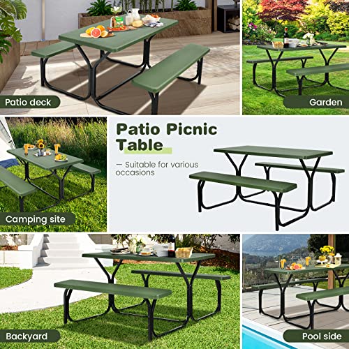 COSTWAY Outdoor Picnic Table, HDPE Plastic Picnic Table Bench Set with Weather Resistant Tabletop & Wood Texture, Ideal for Patio, Backyard (59" D x 54" W x 28.5" H,Green) - color: Green