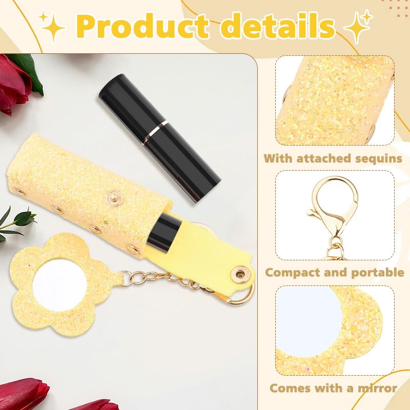 Sisadodo Glitter Lip Oil Holder Key Chains for Woman Lipstick Case with Mirror Lip Balm Keychain for Lipstick Case Keychain - color: Yellow-flower