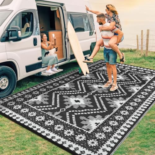 GarveeHome Outdoor Rug 9x18 Waterproof Reversible Mat Vintage Diamond Camping Rugs Indoor Outdoor Rugs Carpet Large Area Rug Plastic Straw Rug for Patio Deck Balcony Pool RV Camping, Black and White - color: Border Black/White, size: 9' x 18' (Rectangular