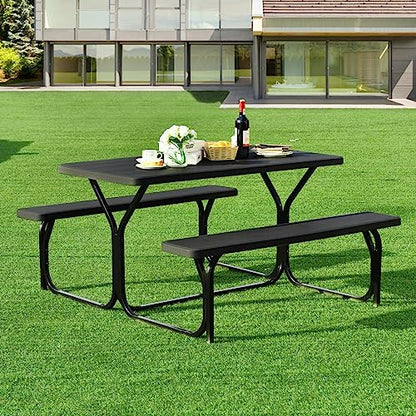 S AFSTAR Picnic Table, 59” Plastic Picnic Table with Benches, Steel Frame & Wood-Like Texture Tabletop, Expanded Rectangular Camping Table Chair Set for Garden Patio Lawn Deck (Black) - color: Black