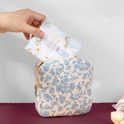 HAPPYHEIDI Quilted Nylon Drawstring Makeup Bag Set 2 Compartment Cosmetic Toiletry Travel Pouch, Purse Organizer, Creamy White Embroidery Bow - color: KJM-Quilted Cotton Pouch with Compartment Set of 2- Embroidery Bow