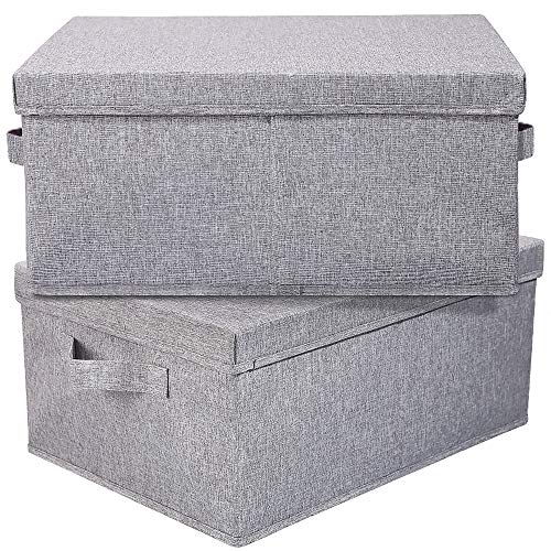HOONEX Linen Foldable Storage Bins with Lids, 2 Pack, Storage Boxes with Carrying Handles and Sturdy Heavy Cardboard, 16.5" L x 11.8" W x 7.5" H for Shoes, Books, Clothes, Light Grey - color: Light Grey