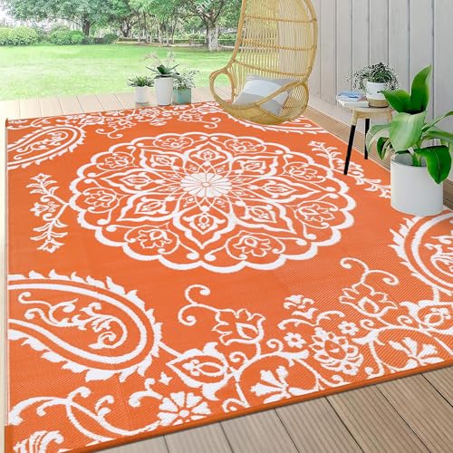 Pauwer Waterproof Outdoor Rug 8x10, Reversible Plastic Straw Patio Camping Rug, Indoor Outdoor RV Mat Carpet for Deck, Camper, Porch, Balcony, Backyard, Picnic, Boho Orange - color: Boho Orange, size: 8' x 10' (Rectangular)