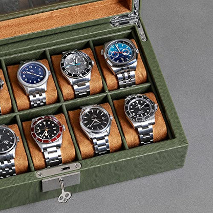 ROTHWELL 10 Slot Leather Watch Box - Luxury Case Display Jewelry Organizer - Locking Watch Display Case Holder with Large Glass Top - Box Organizer for Men and Women (Green/Tan) - color: Green / Tan