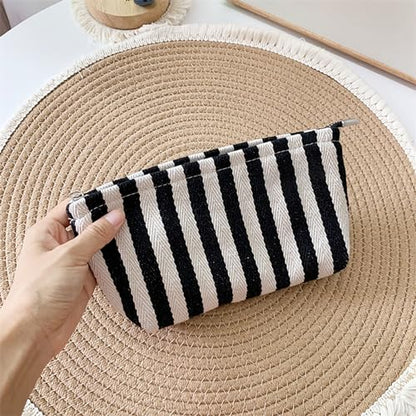 HAPPYHEIDI Small Black White Stripe Makeup Brush Bag Zipper Pouch Women Girls Purse Organizer,Canvas Lined, Premium Zipper - color: Classic Black White Stripes Medium