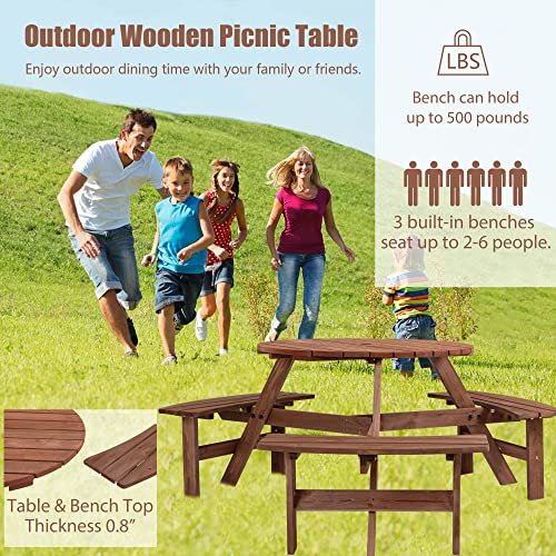 6 Person Circular Outdoor Wooden Picnic Table Sets for Patio Backyard Garden DIY w/ 3 Built-in Benches 1720lb Capacity,Brown - color: Brown-6-round