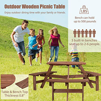 6 Person Circular Outdoor Wooden Picnic Table Sets for Patio Backyard Garden DIY w/ 3 Built-in Benches 1720lb Capacity,Brown - color: Brown-6-round