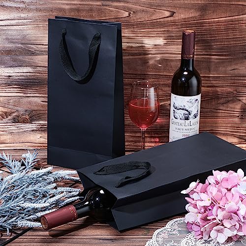 Yeaqee 50 Pack Wine Bags for Wine Double Bottles Gifts Carriers 6.6x3.6x13.8 Craft Bottle Bags Bulk with Handles Paper Tumbler Carriers, Party Gift Pocket with Handle(Black) - color: Black