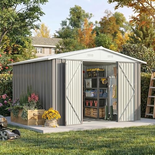 Devoko 10x10 FT Outdoor Storage Shed with Floor Frame, Metal Tool Shed with Slooping Roof, Heavy Duty Large Shed for Garden Backyard Patio(Gray) - color: Gray, size: 10x10 FT with Floor Frame