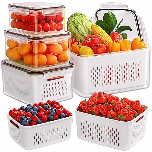 5-Pack Fruit Storage Containers for Fridge with Removable Colanders, 4 in 1 Produce Storage Containers with Lids, Leakproof Fridge Organizer Bins for Salad Berry Lettuce Vegetables Meat Keeper Fresh - color: 5P white