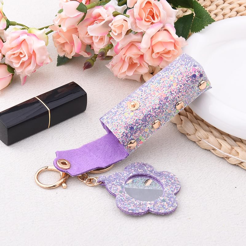 Sisadodo Glitter Lip Oil Holder Key Chains for Woman Lipstick Case with Mirror Lip Balm Keychain for Lipstick Case Keychain - color: Purple-flower