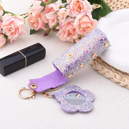 Sisadodo Glitter Lip Oil Holder Key Chains for Woman Lipstick Case with Mirror Lip Balm Keychain for Lipstick Case Keychain - color: Purple-flower