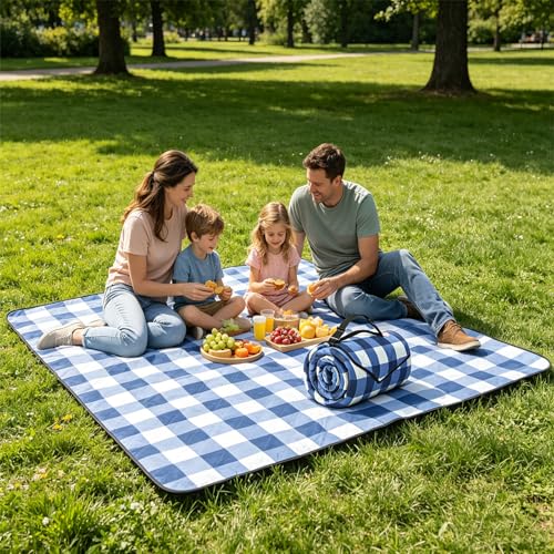 Extra Large Picnic Blanket for 6-8 Adults, Waterproof Windproof 3-Layer Outdoor Mat, Sandproof Beach Blanket Foldable Portable for Camping Park Patio Grass Travel (Blue) - color: Blue