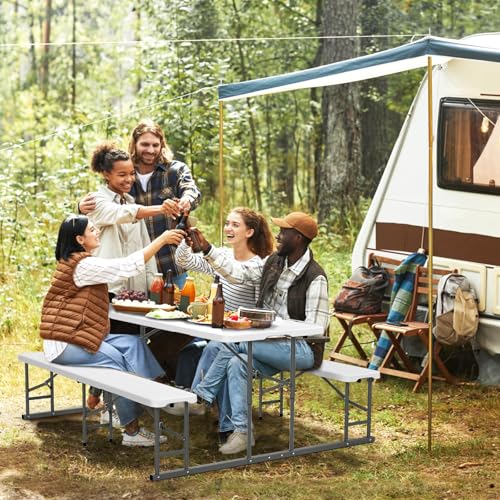 VINGLI Folding Picnic Table and Bench Set, Portable Outdoor Dining Furniture for Camping, Patio, Backyard, Wood Grain Plastic Top with Metal Frame (White) - color: White, style: Standard