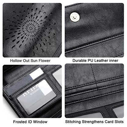 APHISON Womens Wallets RFID Blocking Leather Clutch Long Wallet for Women Card Holder Phone Organizer Ladies Travel Purse Hollow Out Sunflower Design Gift - color: BLACK