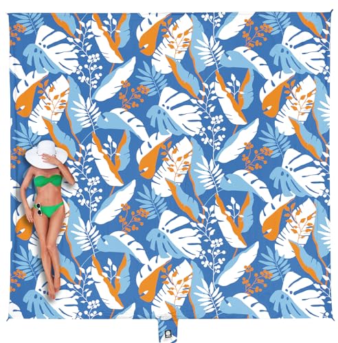 WEKAPO Beach Blanket Waterproof Sandproof Oversized, Extra Large Beach Mat Sand Free, Lightweight & Compact Sand Free Mat with 5 Stakes & 4 Corner Pockets - color: Sea Leaves, size: 8 x 7 FT (1～4 person)