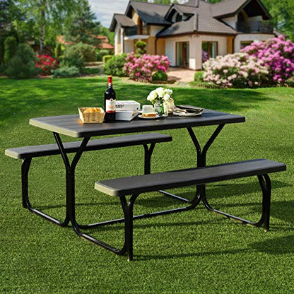 Giantex Picnic Bench Set Outdoor Camping All Weather Metal Base Wood-Like Texture Backyard Poolside Dining Party Garden Lawn Deck Large Picnic Tables for Adult (Black) - color: Black