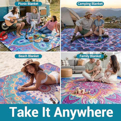 80x80" Large Boho Picnic Blankets Outdoor Water proof Sand proof Beach Blanket Packable Patio Grass Park Camping Mats Camper Hiking Must Haves Gifts Car Road Trip Gear Outside Rv Travel Stuff - color: Blue and Green Mandala, size: 6'8" x 6'8" (Square)