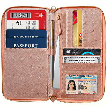 Travel Document Organizer - RFID Passport Wallet Case Family Holder Id Wristlet - color: Family Rose Gold