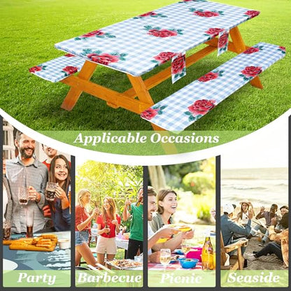 Fitted Picnic Table Cover with Bench Covers Set, Waterproof Lightweight Rectangle 72in Folding Table Cloths Canopy Shade Slipcover Cool Unique Fun Camping Gift for Camper Women Men Family Rv Owners - color: Blue Plaid Rose, size: 72in