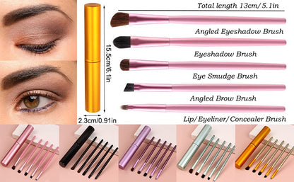 AKOAK 5 Pcs/set Travel Portable Mini Eye Makeup Brush Set Apply Eyeshadow Eyeliner Eyebrow Brush Lip Makeup Brush Set Makeup Tools (Gold) - color: Gold