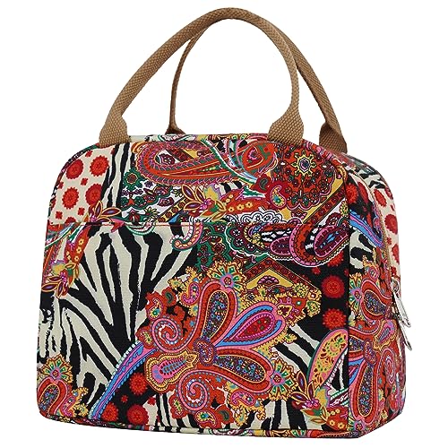 EurCross Aesthetic Lunch Box Bag for Women Daily Use,Boho Stylish Elegant Canvas Insulated Adult Lunch Bento Box Tote Bag - color: Boho-red