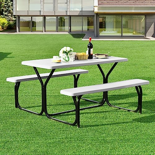 S AFSTAR Picnic Table Bench Set, 59” Expanded Rectangular Picnic Table, Outdoor Table and Bench W/Steel Frame & Wood-Like Texture Tabletop, Camping Table Chair Set for Garden Patio Lawn Deck (White) - color: White