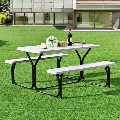 S AFSTAR Picnic Table Bench Set, 59” Expanded Rectangular Picnic Table, Outdoor Table and Bench W/Steel Frame & Wood-Like Texture Tabletop, Camping Table Chair Set for Garden Patio Lawn Deck (White) - color: White