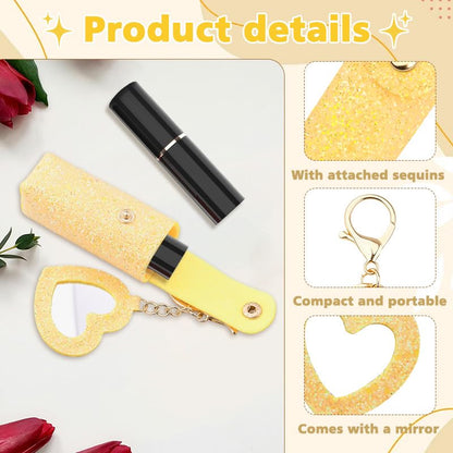 Sisadodo Glitter Lip Oil Holder Key Chains for Woman Lipstick Case with Mirror Lip Balm Keychain for Lipstick Case Keychain - color: Yellow-heart
