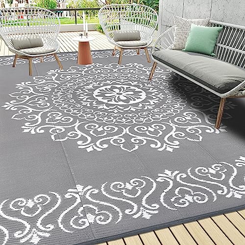 Pauwer Waterproof Outdoor Rug 8x10, Reversible Plastic Straw Patio Camping Rug, Indoor Outdoor RV Mat Carpet for Deck, Camper, Porch, Balcony, Backyard, Picnic, Floral Grey - color: Floral Grey, size: 8' x 10' (Rectangular)