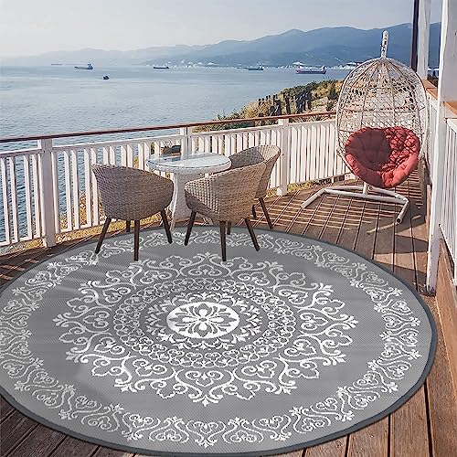 Pauwer Waterproof Outdoor Rug 6ft, Reversible Plastic Straw Patio Camping Rug, Indoor Outdoor RV Mat Carpet for Deck, Camper, Porch, Balcony, Backyard, Picnic, Floral Grey - color: Floral Grey, size: 6' (Round)