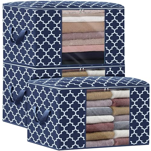 WISELIFE Storage Bags, Large Blanket Clothes Organization and Storage Containers for Bedding, Comforters, Foldable Organizer with Reinforced Handle, Clear Window,Sturdy Zippers,(Blue, 3 x 100L) - color: Blue, size: 3 x 100L