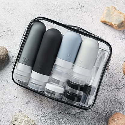 DEPOZA Travel Bottles Kit (16 Pack) - TSA Approved, Leak Proof Silicone Squeezable Containers for Toiletries. Complete Set with Jars, Sprayers & Bag (Black) - color: Black