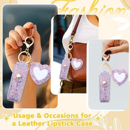 Sisadodo Glitter Lip Oil Holder Key Chains for Woman Lipstick Case with Mirror Lip Balm Keychain for Lipstick Case Keychain - color: Purple-heart
