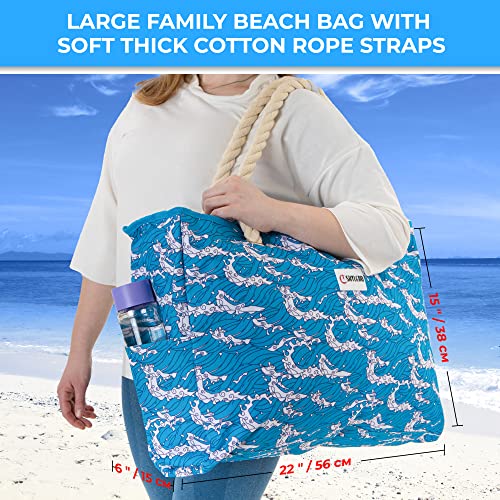 Beach Bag and Pool Bag Has Cooler Pocket, 7 Pockets Total, Zip Top. Family Size Waterproof Beach Tote - color: Ocean Waves