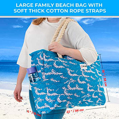 Beach Bag and Pool Bag Has Cooler Pocket, 7 Pockets Total, Zip Top. Family Size Waterproof Beach Tote - color: Ocean Waves