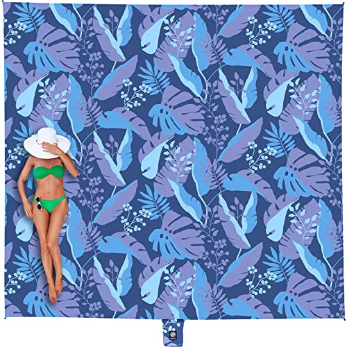 WEKAPO Beach Blanket Waterproof Sandproof Oversized, Extra Large Beach Mat Sand Free, Lightweight & Compact Sand Free Mat with 5 Stakes & 4 Corner Pockets - color: Blue Leaf, size: 9 x 8 FT (1～6 person)
