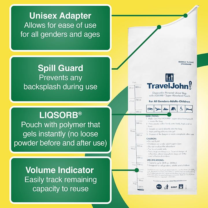 TravelJohn Disposable Urinal Bags – Road Trip Essentials for Men, Women & Kids – Odorless Leakproof Portable Urine Bags – Ideal for Camping, Emergencies & Long Car Rides (TJ1A-C) - style: 18 Pack