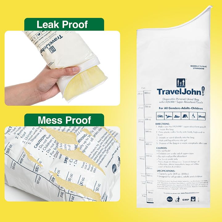 TravelJohn Disposable Urinal Bags – Road Trip Essentials for Men, Women & Kids – Odorless Leakproof Portable Urine Bags – Ideal for Camping, Emergencies & Long Car Rides (TJ1A-C) - style: 18 Pack