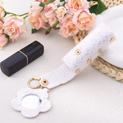 Sisadodo Glitter Lip Oil Holder Key Chains for Woman Lipstick Case with Mirror Lip Balm Keychain for Lipstick Case Keychain - color: White-flower