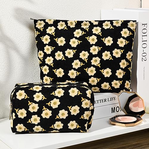 SOIDRAM 2 Pieces Flower Makeup Bag Large Cosmetic Bag Capacity Canvas Mix Travel Toiletry Bag Organizer Cute Makeup Brushes Aesthetic Accessories Storage Bag for Women, Flower Mix Black - color: Black Flower