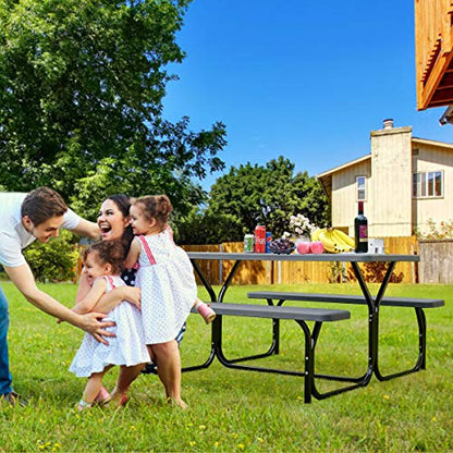 COSTWAY Outdoor Picnic Table, HDPE Plastic Picnic Table Bench Set with Weather Resistant Tabletop & Wood Texture, Ideal for Patio, Backyard (59" D x 54" W x 28.5" H,Black) - color: Black