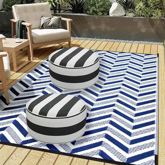 Inflatable Outdoor Ottoman,20"x9" Portable Patio Pouf,Water Resistant,Fade-Resistant,Round Blow Up Footrest Stools for Home Garden Camping Travel(Black and White) - color: Black and White