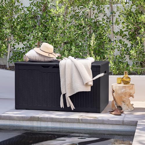 Devoko 97 Gallon Deck Box, Waterproof Resin Outdoor Storage Box for Outside and Patio, Large Outdoor Storage Bench Cabinet Lockable for Patio Furniture, Garden Tools and Pool Supplies (Black) - color: Black, size: 97 Gallon 1 Pack