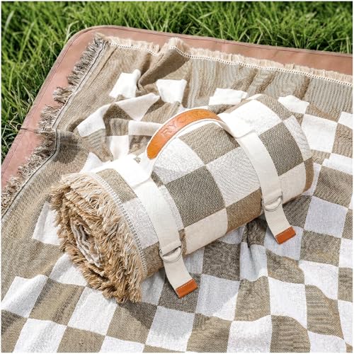 2 in 1 Extra Large Boho Beach Blanket Towel Sand Free Outdoor Rug Picnic Mat Giant Oversized Xl Big Jumbo Turkish Woven Throw Cloud Summer Vacation Essential Travel Must Have Accessories Women Gift - color: Checkered Brown