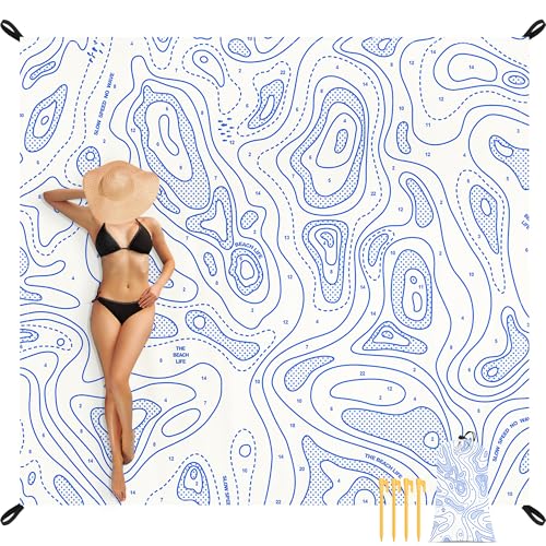 110''×118'' Oversized Beach Blanket for 4-8 Adults, White Waterproof Sandproof Picnic Blanket, Lightweight Foldable Sand Free Outdoor Mat w/ 4 Stakes & Portable Carry Bag for Travel, Camping, Hiking - color: White Coastline, size: 9x10 FT (1～8 person)