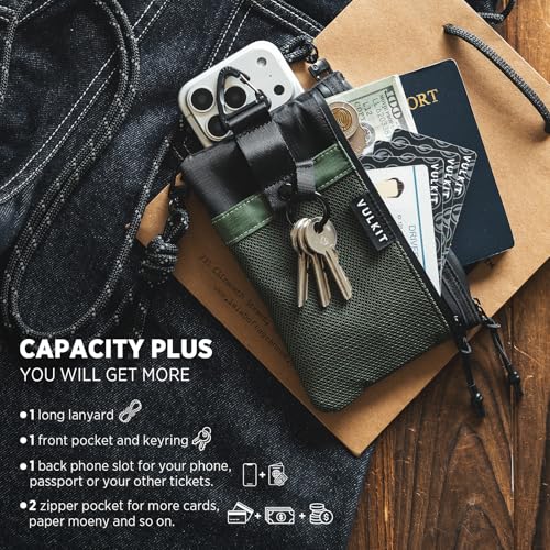 VULKIT RFID Blocking Travel Wallet for Men, Water Resistant Passport & Phone Holder with Detachable Lanyard and Key Ring, Lightweight Zipper Travel Wallet - color: Army Green Black