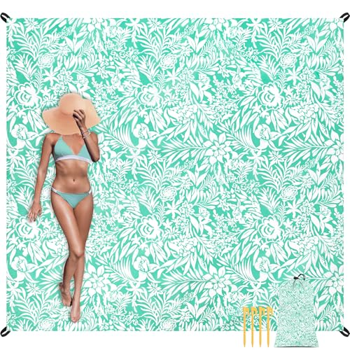 Beach Blanket, Waterproof Sandproof Beach Mat with 4 Stakes & 4 Pockets, 78''×86'' Large Compact Lightweight Sand Free Outdoor Essentials for Beach, Picnic, Travel, Camping - color: Larkspur Mint, size: 6.5x7.2 FT (1～4 person)