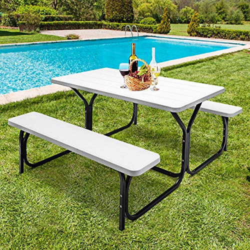 GYMAX Picnic Table, Picnic Bench Easy to Assemble w/All Weather Wood Grain Tabletop & Metal Frame, Picnic Tables for Outdoors Camping Backyard Deck Patio Poolside Dining Party - color: White