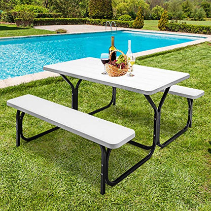 GYMAX Picnic Table, Picnic Bench Easy to Assemble w/All Weather Wood Grain Tabletop & Metal Frame, Picnic Tables for Outdoors Camping Backyard Deck Patio Poolside Dining Party - color: White